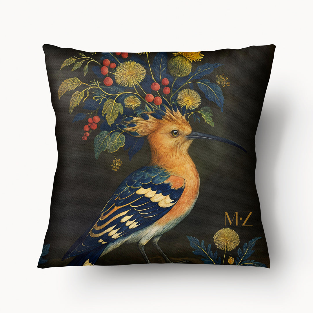 superbe Coussin décoration OISEAUX Mzelle Design avec une Huppe au Panache Floral artistique sur fond marron chocolat