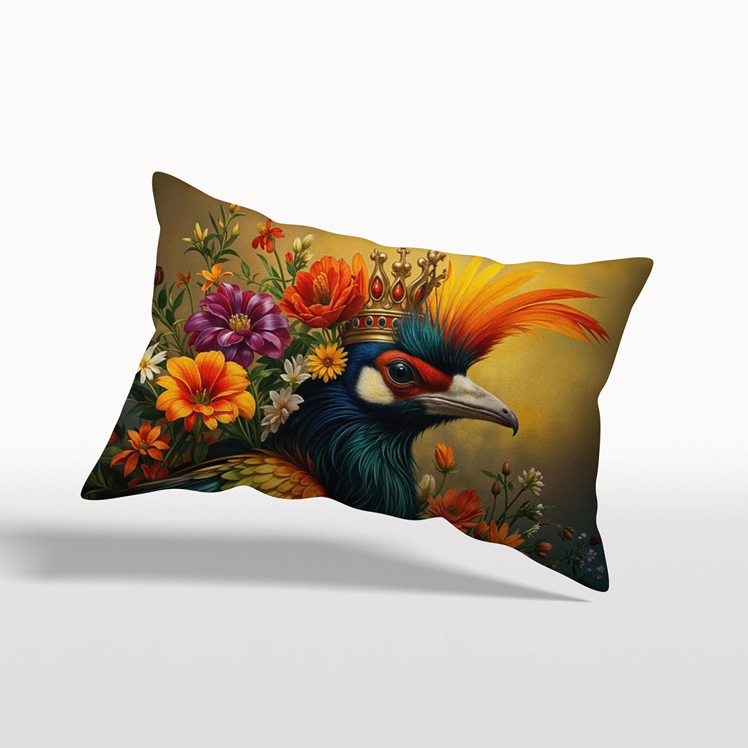 Coussin rectangulaire pour la décoration intérieur thème OISEAUX Mzelle Design - Un oiseau au plumage coloré et au panache spectaculaire