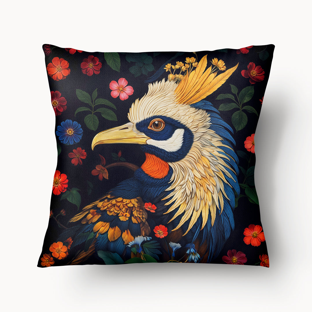 Coussin décoration intérieur motif OISEAUX Mzelle Design - Un oiseau au plumage coloré sur fond de fleurs