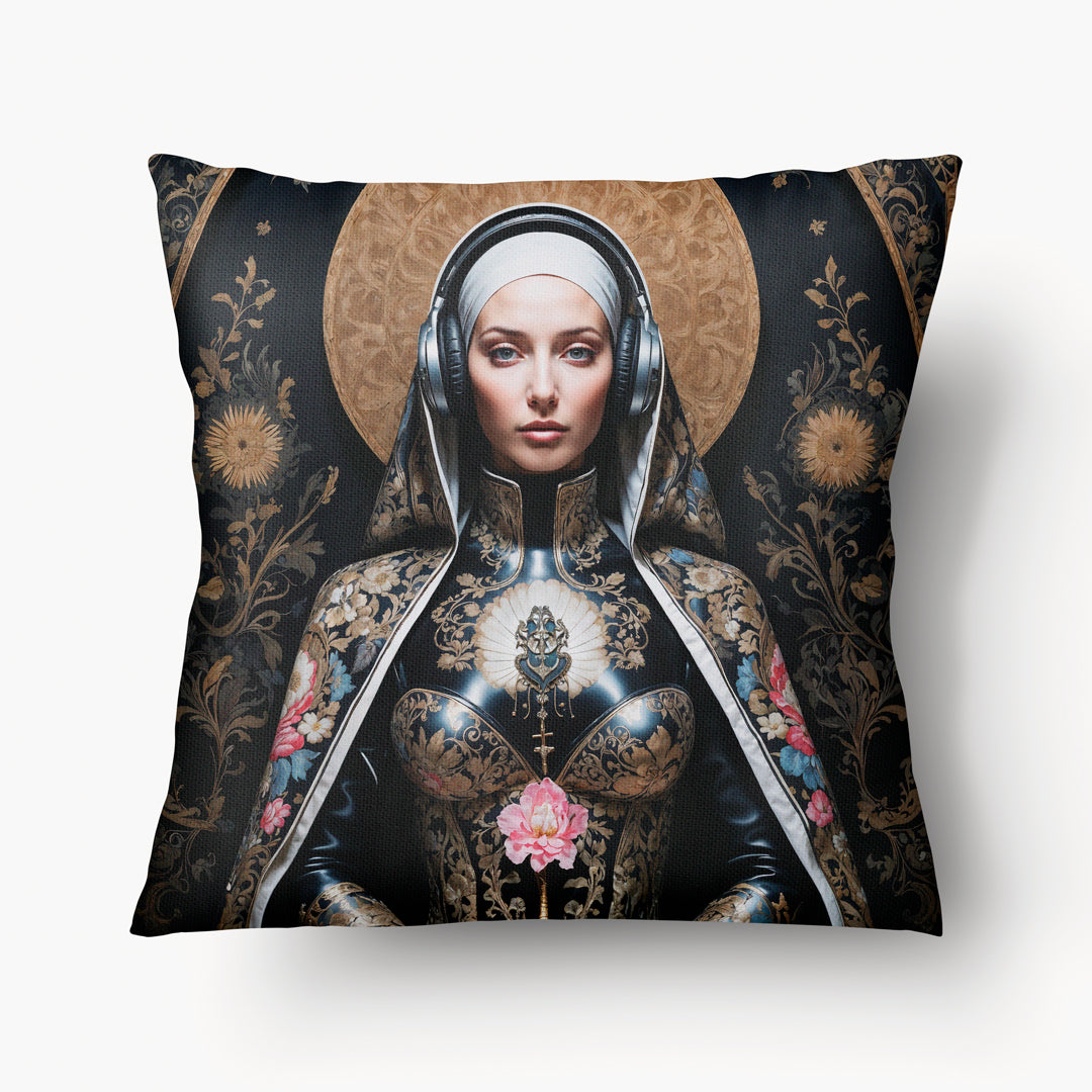 Housse de Coussin POP MARY Vierge Marie futuriste Dystopie Céleste avec un casque audio Mzelle Design