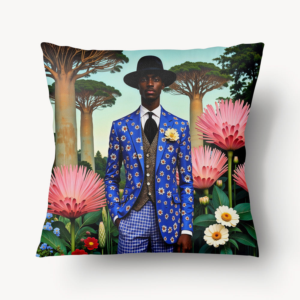 Housse de Coussin AFRIQUE Mzelle Design - Homme africain élégant en costume bleu dans un paysage exotique