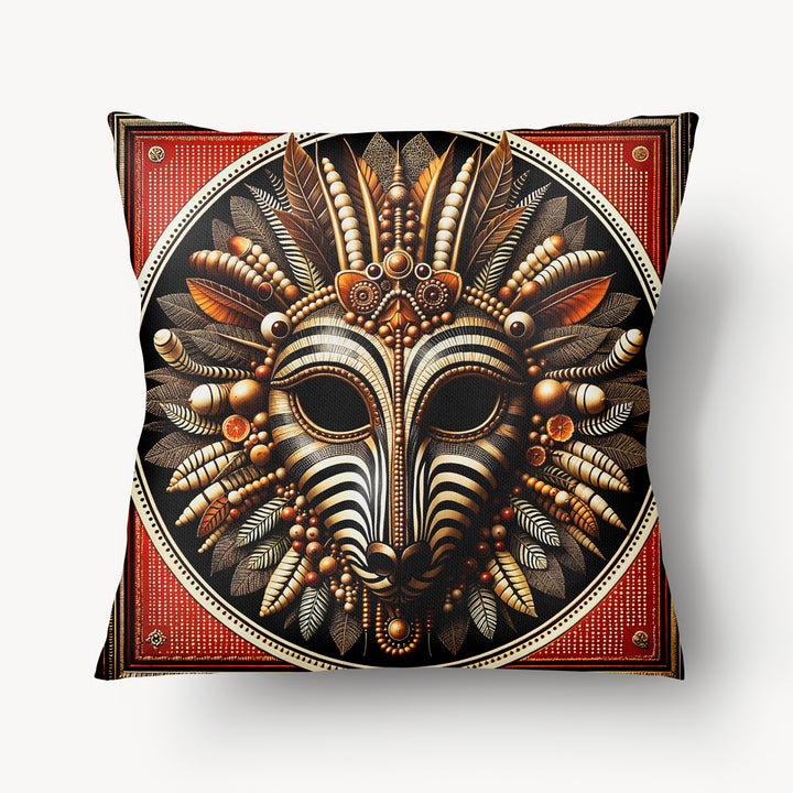 Housse de Coussin AFRIQUE Mzelle design -  Masque africain tête de zèbre orné d'une Parure de plume et de perles sur fond rouge