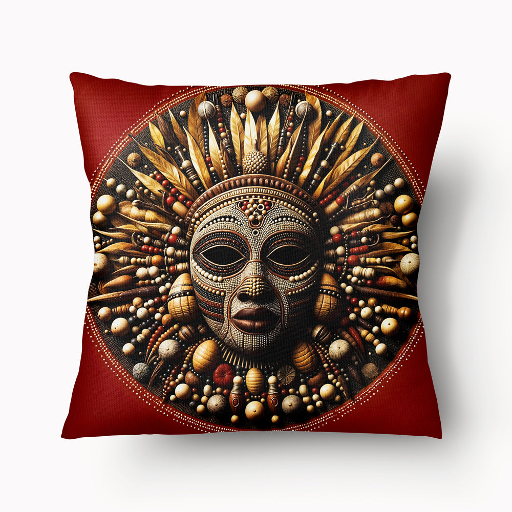 Housse de Coussin AFRIQUE Mzelle design -  Masque africain orné d'une Parure de plume et de perles sur fond rouge