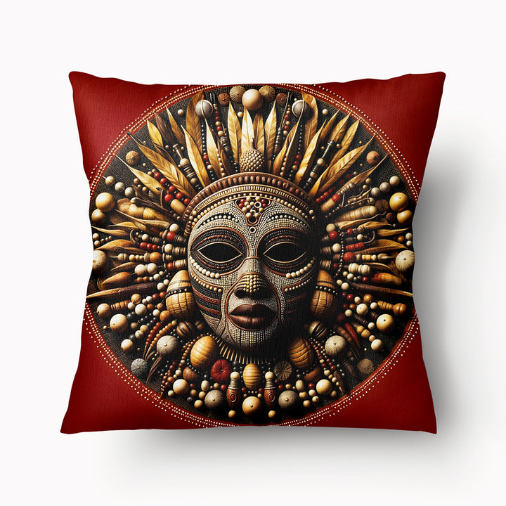 Housse de Coussin AFRIQUE Mzelle design -  Masque africain orné d'une Parure de plume et de perles sur fond rouge