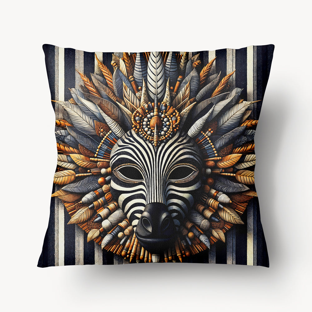 Housse de Coussin AFRIQUE Mzelle design -  Masque de zèbre sur fond rayures bleues et  orné d'une Parure de plume et de perles