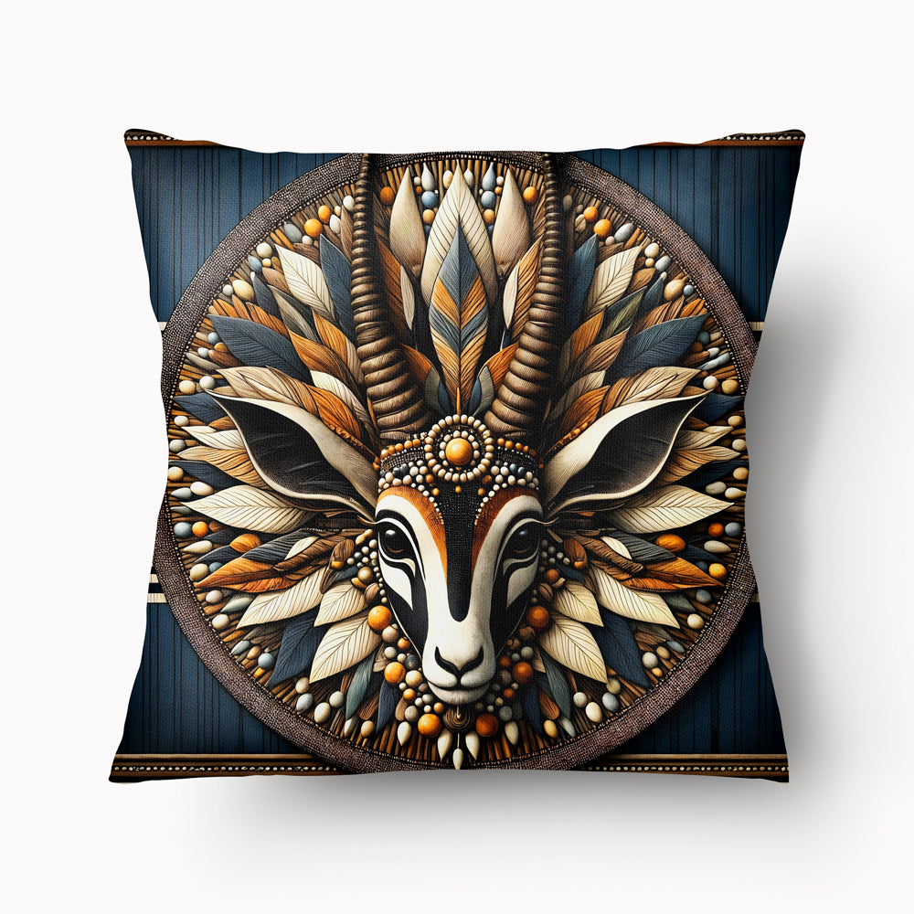 Housse de Coussin AFRIQUE Mzelle design -  Masque de gazelle orné d'une Parure de plume et de perles sur fond bleu