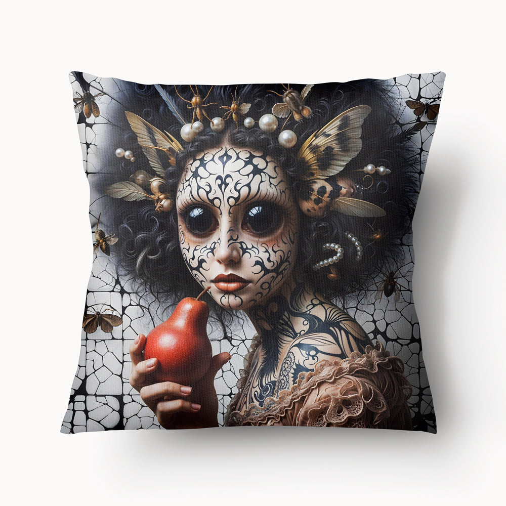 Housse de Coussin ANTIQUE - Femme gorgone tient une Poire rouge, ornements d'insectes et de perles MZelle Design