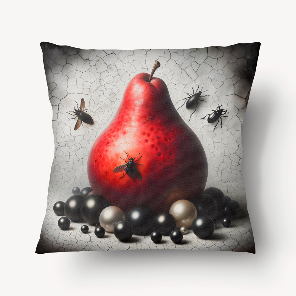 Housse de Coussin ANTIQUE MZelle design - Motif surréaliste Poire rouge, des perles et des insectes sur un fond craquelé