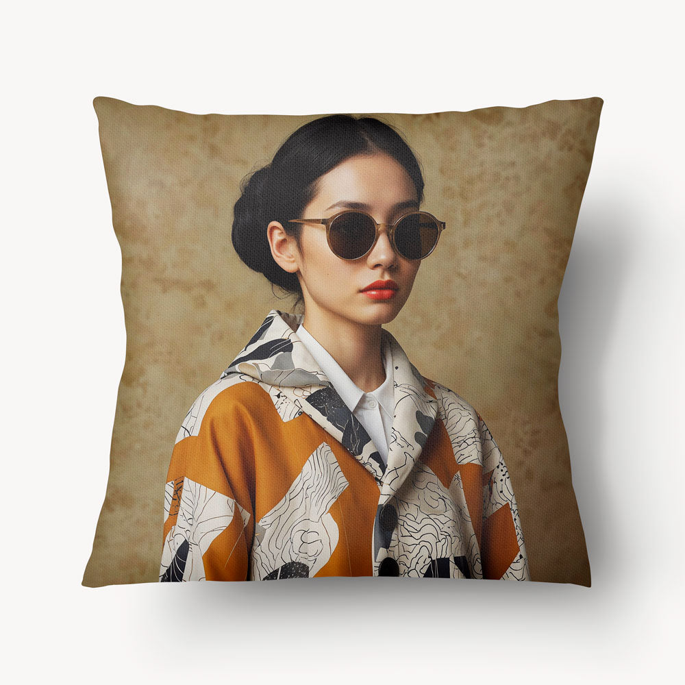 Housse de Coussin ASIE - Portrait Japandi Japonaise avec des lunettes et Thé Mzelle Design