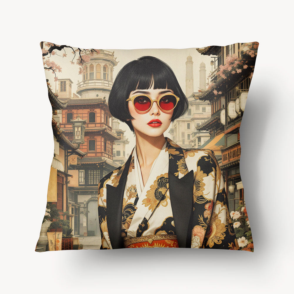 Housse de Coussin ASIE - Portrait Asiatique Meiji sur fond de ville traditionnelle chinoise collection Mzelle Design