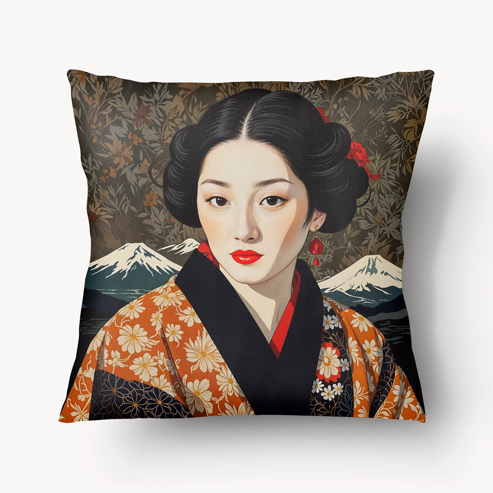 Housse de Coussin ASIE - Duo Portrait mont Fuji et japonaise avec un kimono orange et noir Mzelle Design