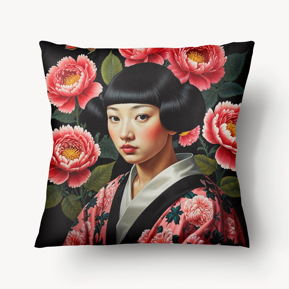 Housse de Coussin ASIE - magnifique portrait de geisha avec des pivoines roses MZelle Design