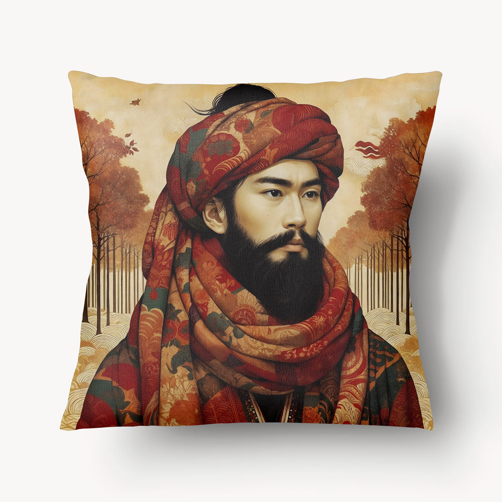 Housse de Coussin ASIE - Portrait de Gengis Khan sur fond ecru ambiance automnale Mzelle design