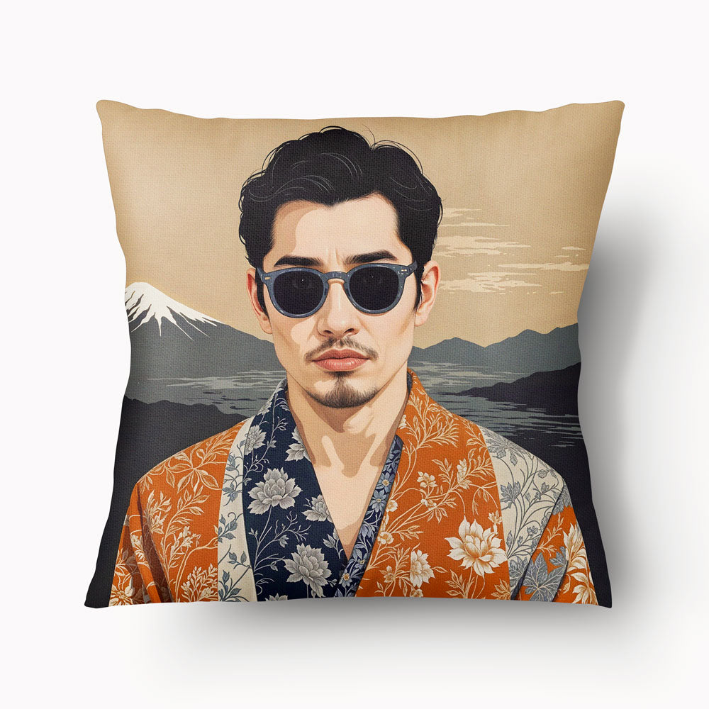 Housse de Coussin ASIE - Motif Zen Homme en kimono sur fond de montagnes tons neutres Mzelle design