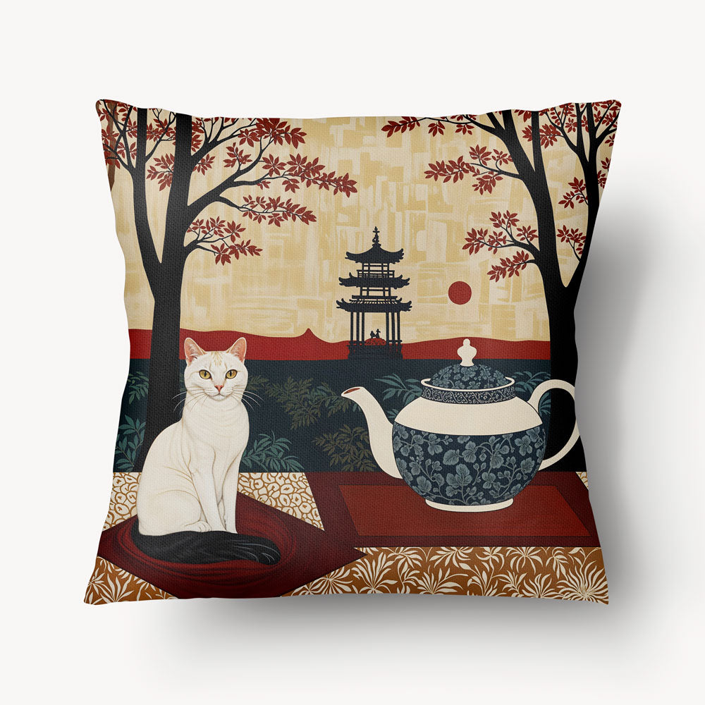 Housse de Coussin ASIE - Motif zen avec un chat blanc et un service à Thé Mzelle Design
