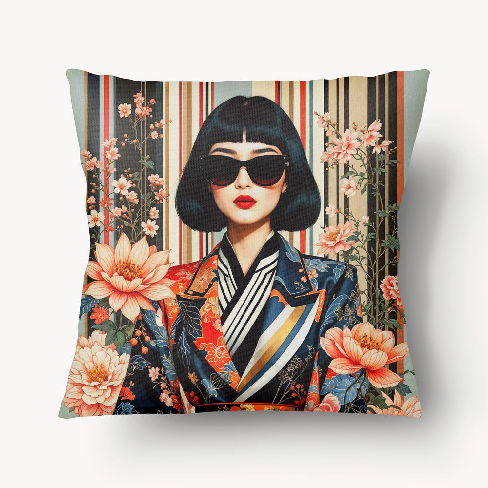Housse de Coussin ASIE - magnifique portrait de geisha moderne avec des lunettes de soleil et des rayures multicolores  MZelle Design