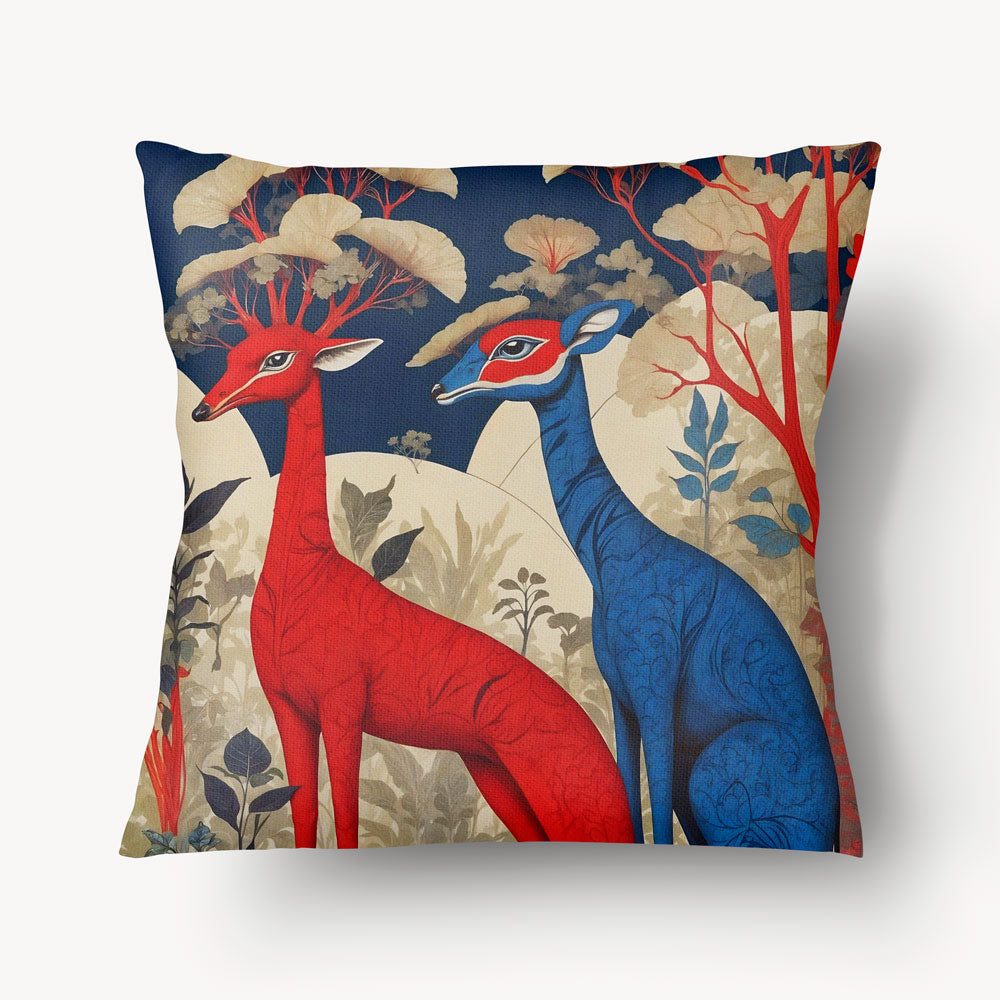 Housse de Coussin MZelle Design Motif Décor Animalier moderne - Biches et Tigre artistique mixant biches hybrides au recto et un félin chimérique au verso, bleu rouge et écru