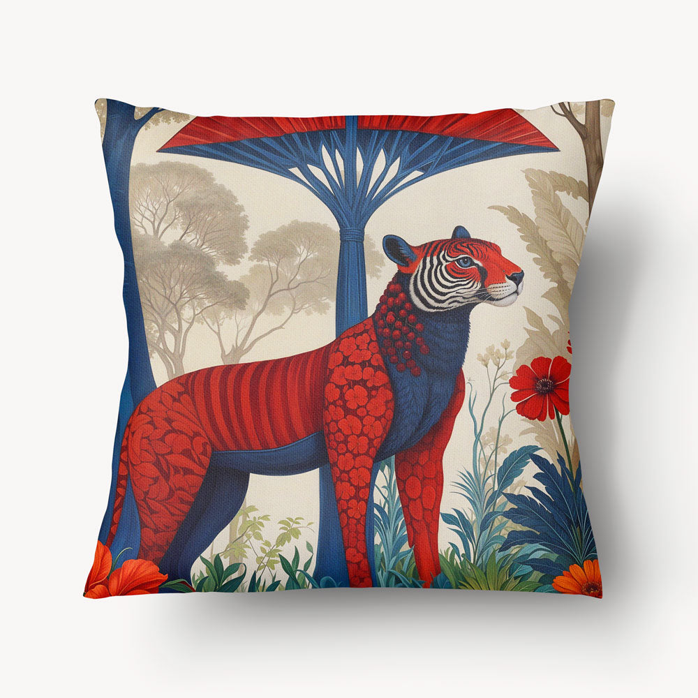 Housse de Coussin MZelle Design Motif Décor Animalier moderne - Biches et Tigre artistique mixant biches hybrides au recto et un félin chimérique au verso, bleu rouge et écru