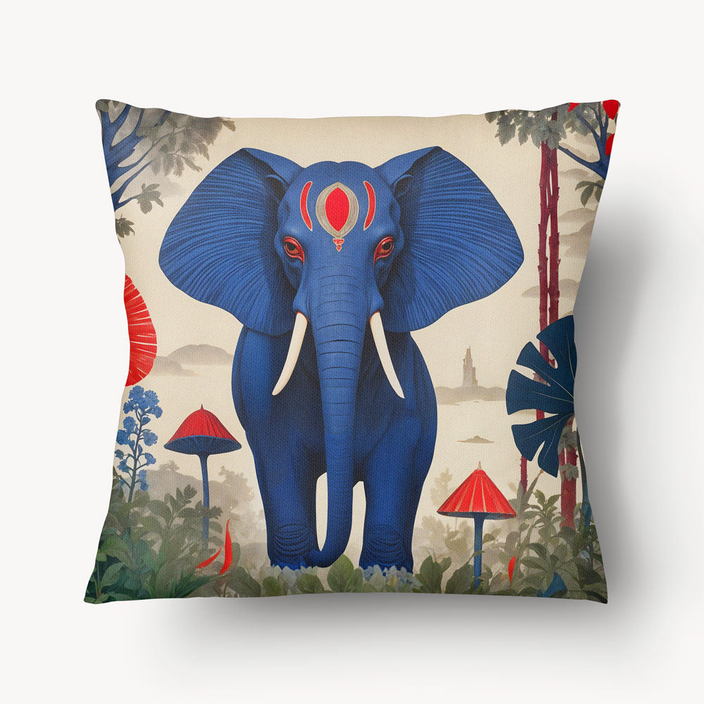 Coussin décoratif MZelle Design avec un bel éléphant bleu et rouge sur fond de paysage naturaliste et une palette chic.