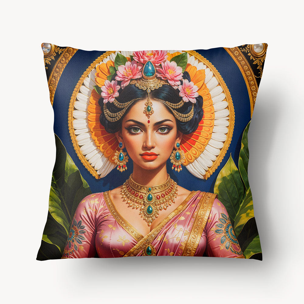 Housse de Coussin INDE Mzelle Design - Danseuse indienne en sari rose sur fond bleu