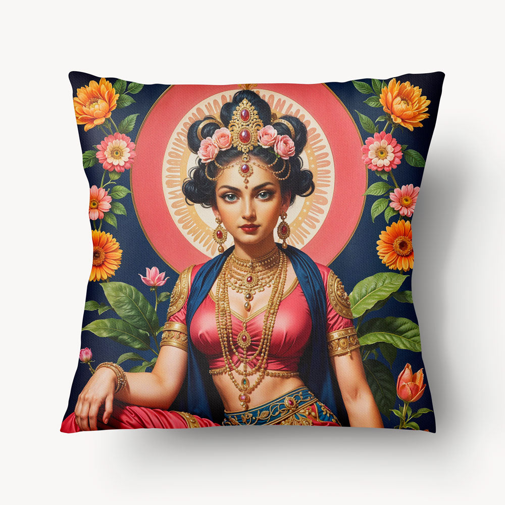 Housse de Coussin INDE Mzelle Design - Danseuse indienne en tenue rose sur fond bleu