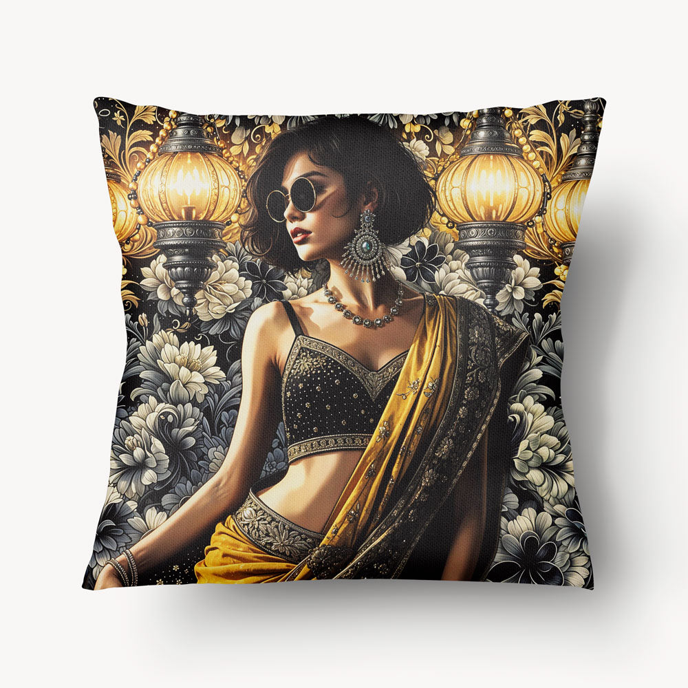 Housse de Coussin INDE Mzelle design - Motif décoratif danseuse indienne en sari jaune