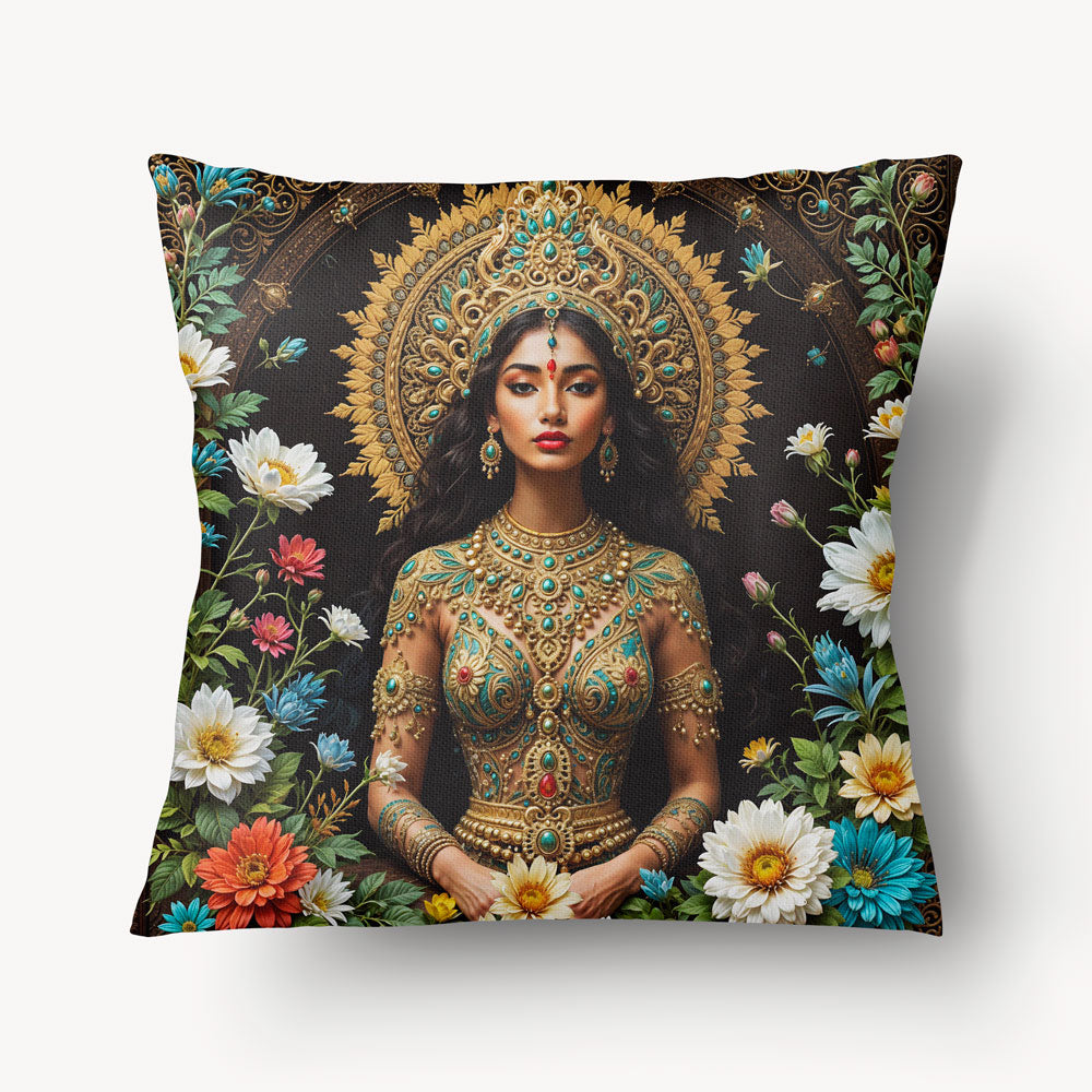 Housse de Coussin INDE Mzelle Design - Portrait d'une princesse hindoue avec des bijoux et des fleurs