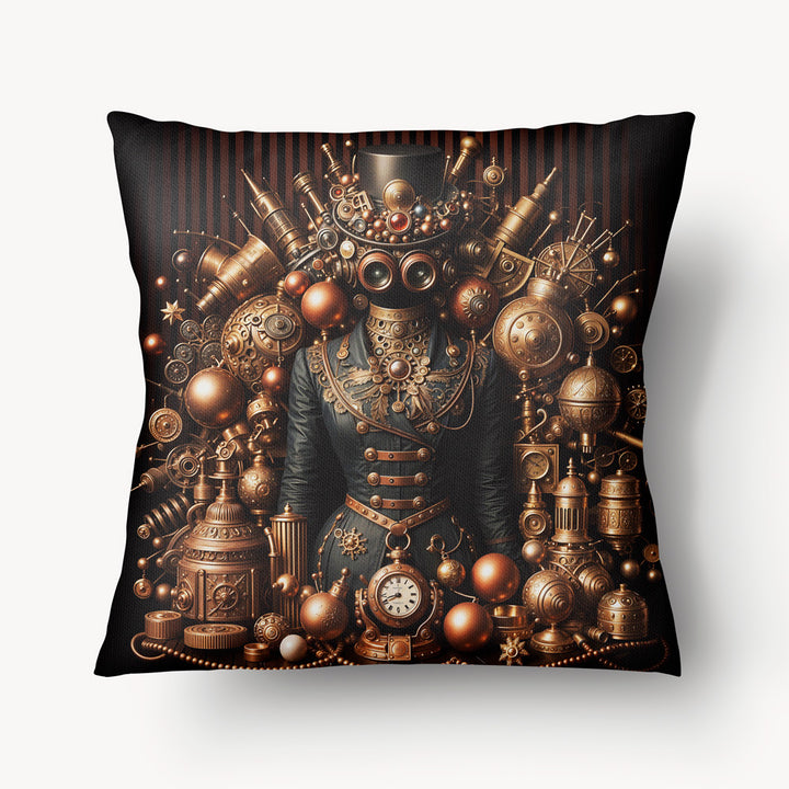 Coussin Steampunk de Noël Mzelle Design, motif merveilleux, un inventeur énigmatique en tenue rétro-futuriste.