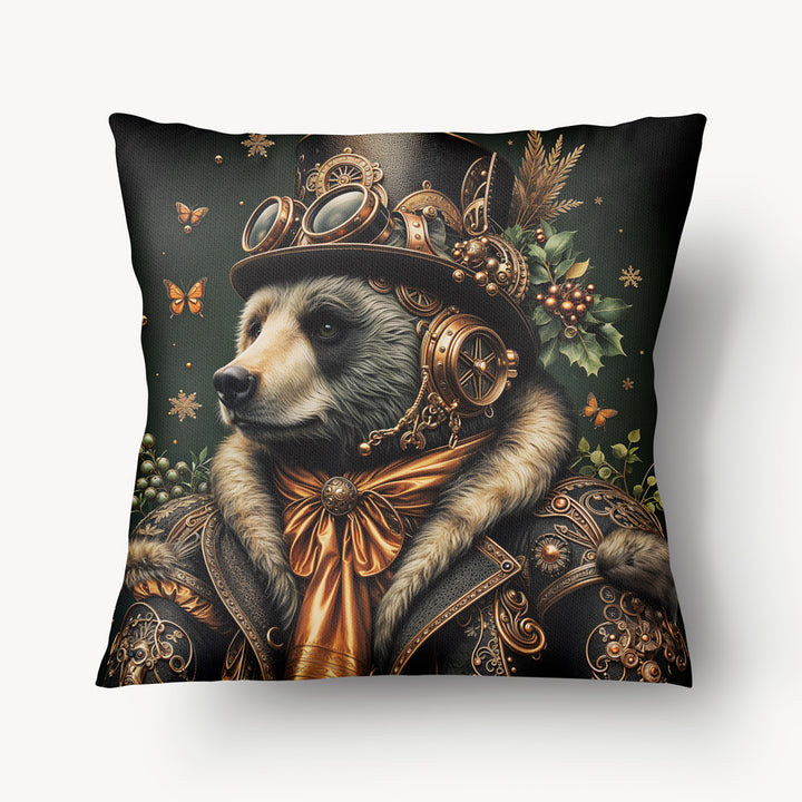 Coussin de Noël Mzelle Design, Un ours majestueux dans un style steampunk, paré d’un chapeau haut-de-forme et de rouages dorés s'invite à la fête.  