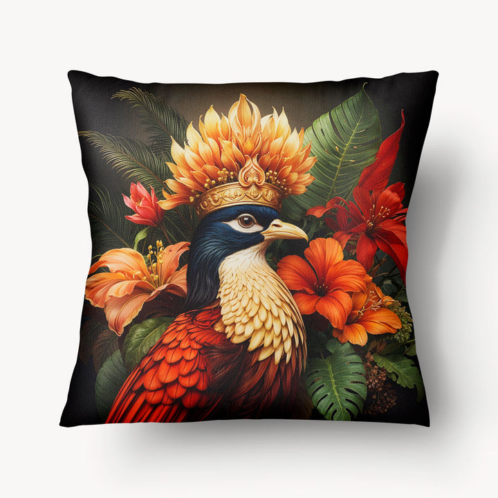 Coussin pour la décoration intérieur thème OISEAUX Mzelle Design - Un oiseau au plumage coloré et au panache spectaculaire vert et rouge
