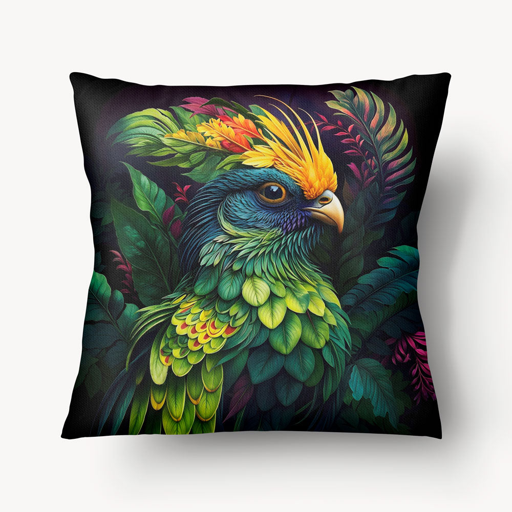 Coussin pour la décoration intérieur thème OISEAUX Mzelle Design - Un oiseau exotique au plumage coloré et au panache spectaculaire.
