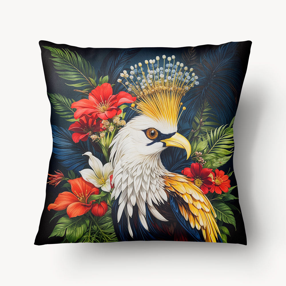 Coussin pour la décoration intérieur thème OISEAUX Mzelle Design - Un oiseau au plumage coloré et au panache spectaculaire.