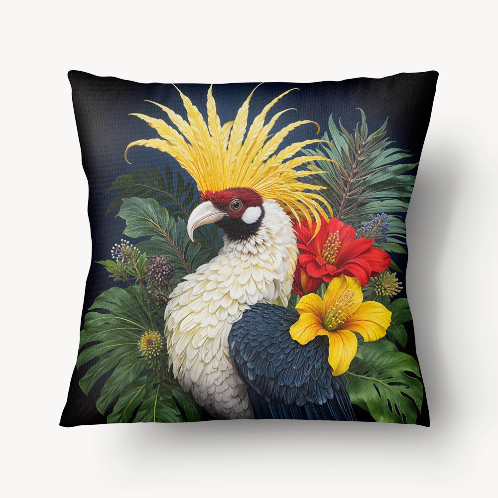 Coussin pour la décoration intérieur thème OISEAUX Mzelle Design - Un oiseau au plumage coloré et au panache spectaculaire.