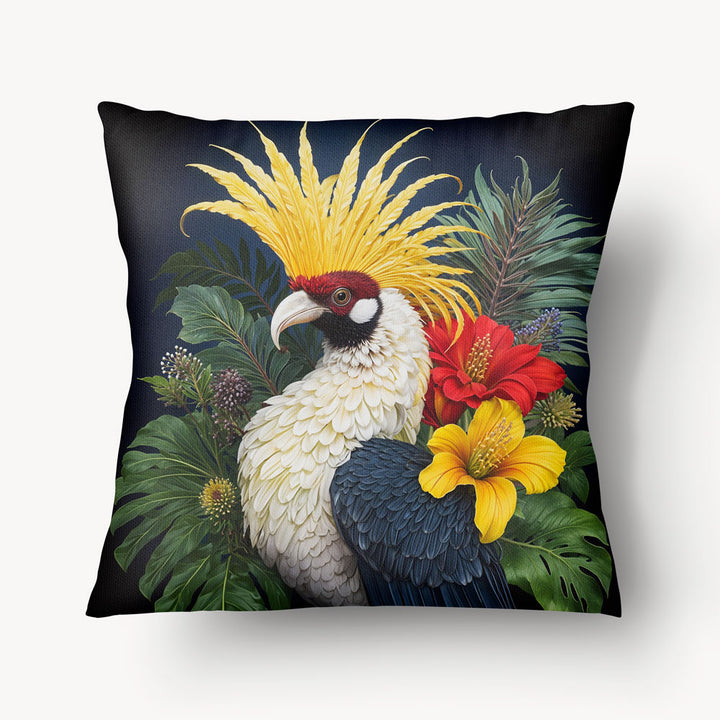 Coussin pour la décoration intérieur thème OISEAUX Mzelle Design - Un oiseau au plumage coloré et au panache spectaculaire.