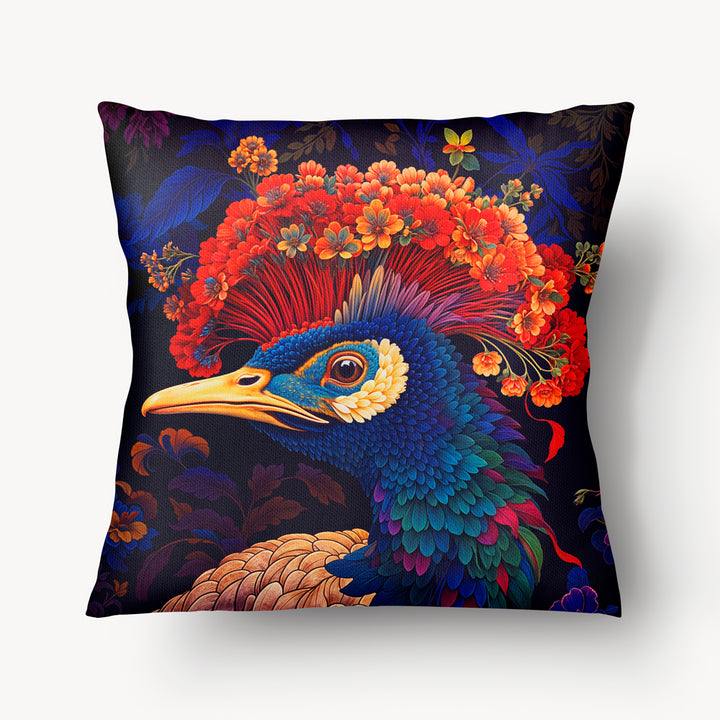 Coussin pour la décoration intérieur thème OISEAUX Mzelle Design - Un oiseau au plumage coloré et au panache rouge spectaculaire.