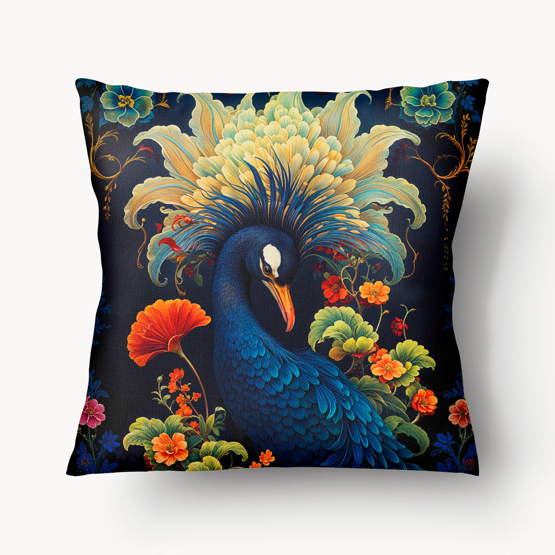 Coussin décoration intérieur OISEAUX Mzelle Design - Un oiseau au plumage coloré et au panache spectaculaire.