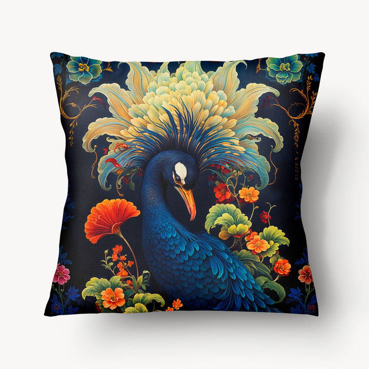 Coussin décoration intérieur OISEAUX Mzelle Design - Un oiseau au plumage coloré et au panache spectaculaire.