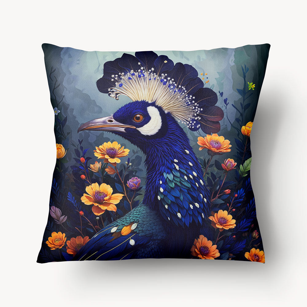 Coussin pour la décoration intérieur thème OISEAUX Mzelle Design - Un oiseau bleu au plumage coloré et au panache spectaculaire.