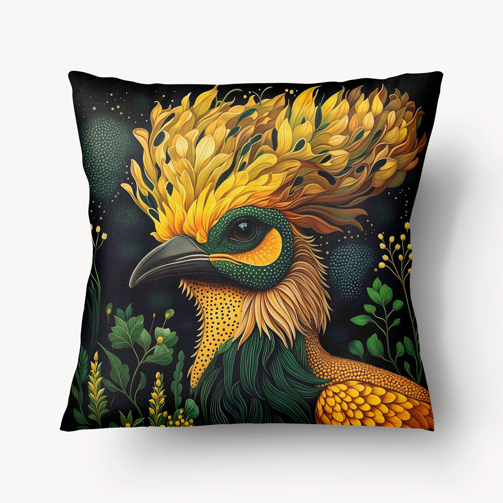 Coussin pour la décoration intérieur thème OISEAUX Mzelle Design - Un oiseau jaune et vert au plumage coloré et au panache spectaculaire.
