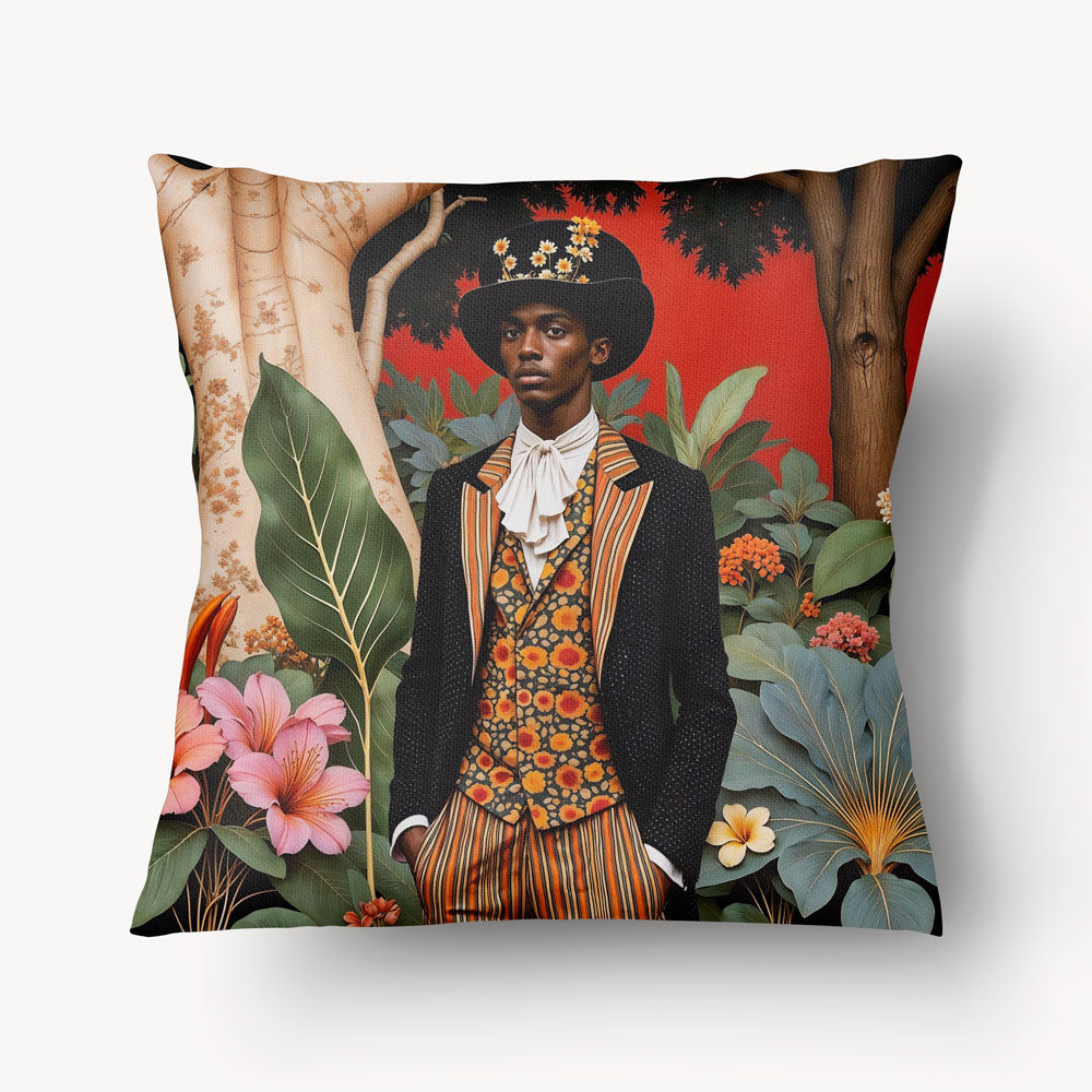 Housse de Coussin AFRIQUE Mzelle design -  Homme Africain élégant avec un chapea noir et un costume rayé et fleuri