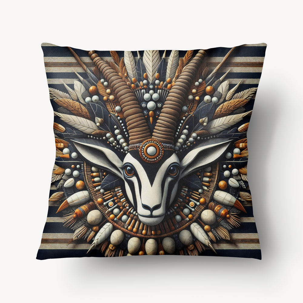 Housse de Coussin AFRIQUE Mzelle Design tête de Gazelle sur fond de Rayures bleues et beiges