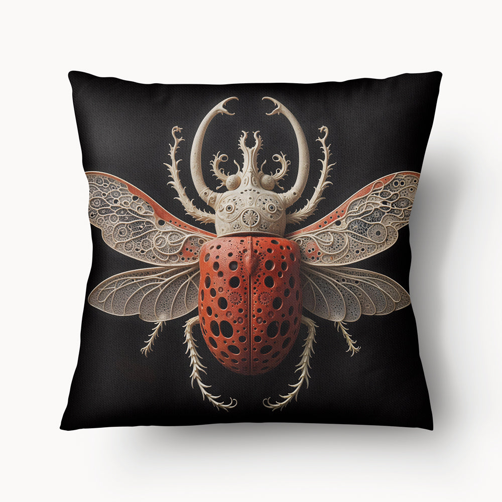Housse de Coussin ENTOMOLOGIE Mzelle Design - Beau Scarabée rouge et écru en dentelle sur fond noir