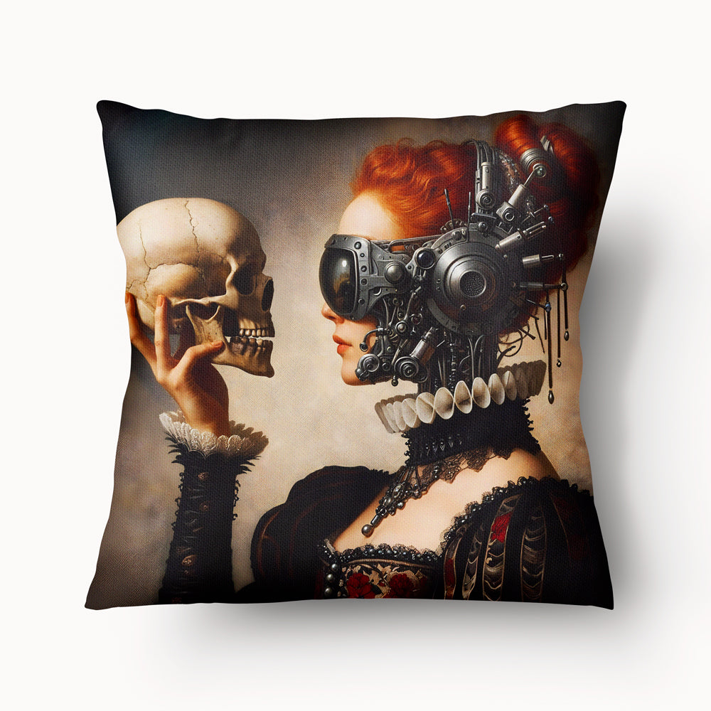 Housse de Coussin VANITÉ - Femme rousse avec un casque futuriste et en tenue style Victorien tenant un crâne MZelle Design