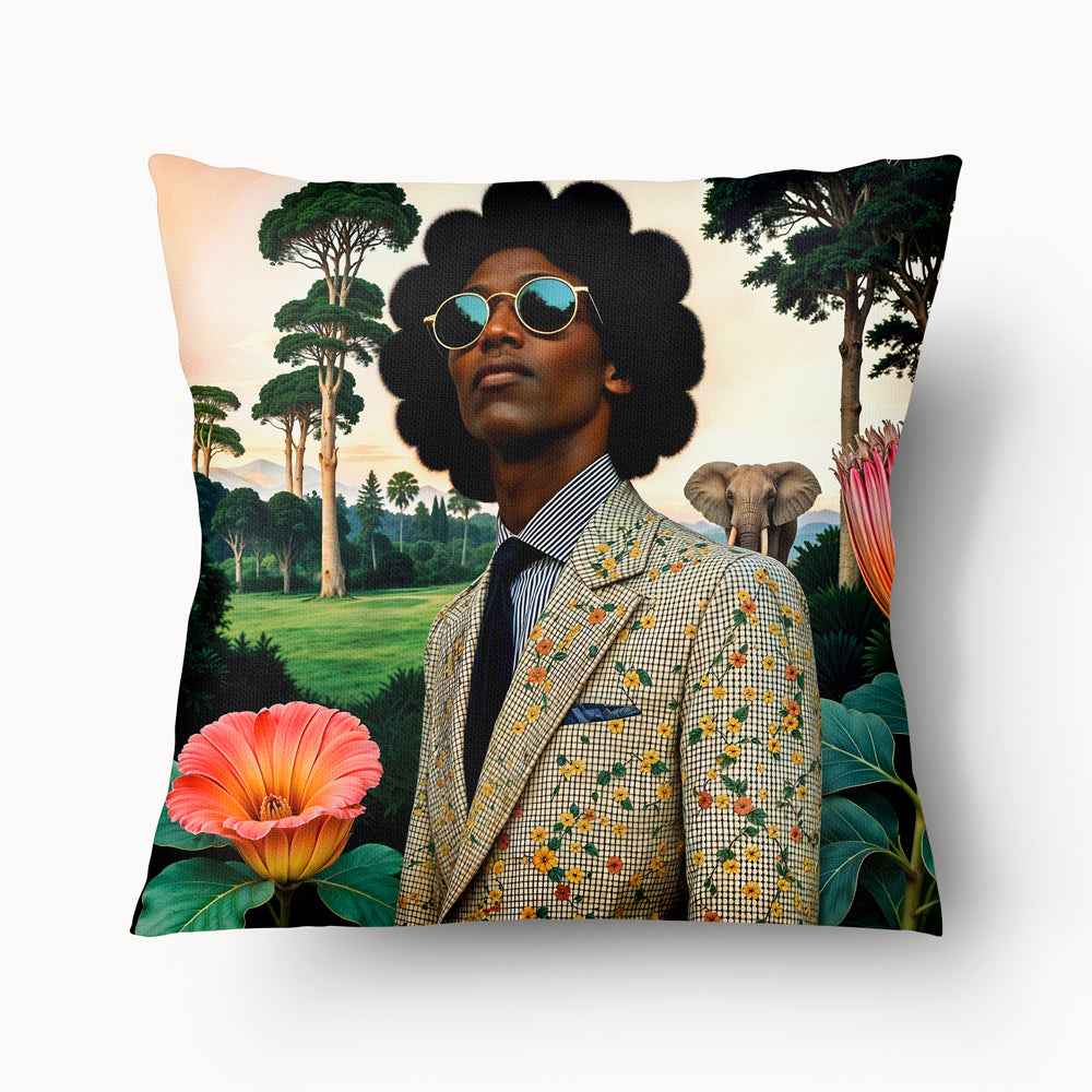 Housse de Coussin AFRIQUE Mzelle Design - Homme africain élégant coupe afro, en costume graphique dans un paysage exotique
