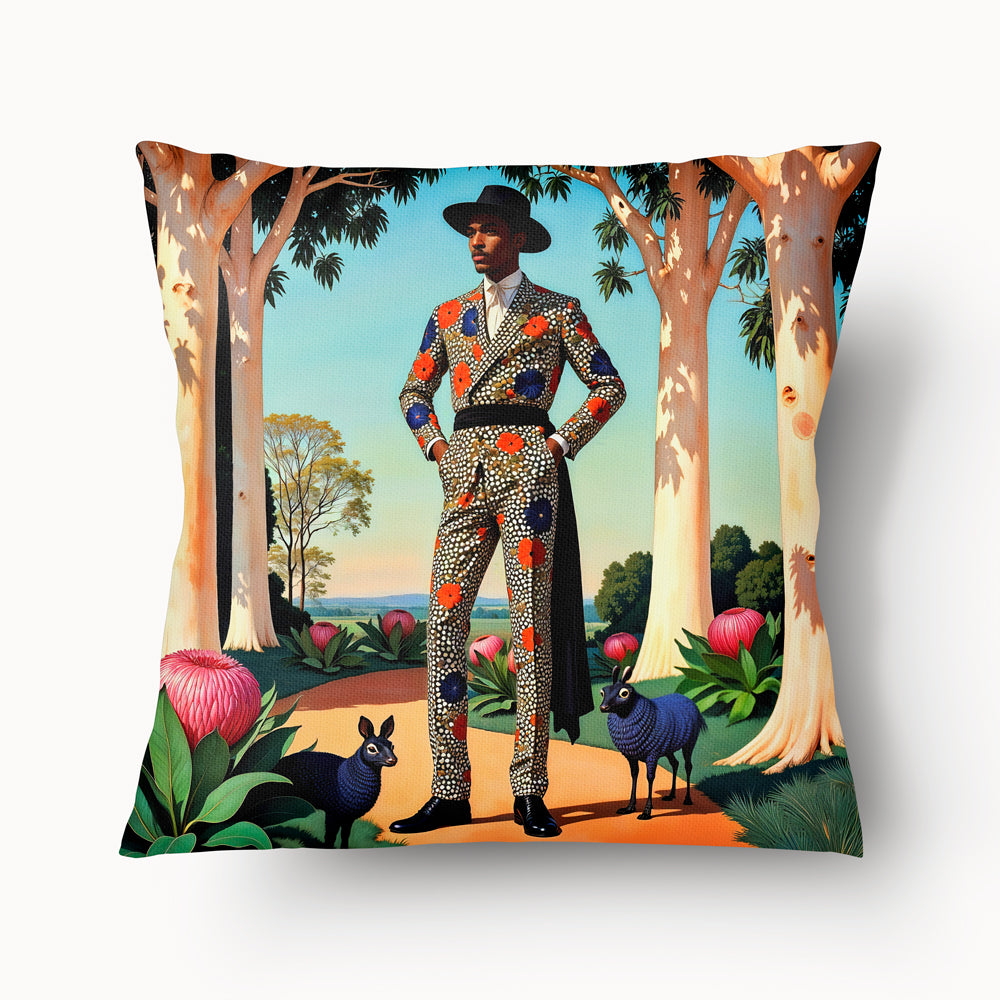 Housse de Coussin AFRIQUE Mzelle Design - Homme africain élégant en costume fleuri dans un paysage exotique