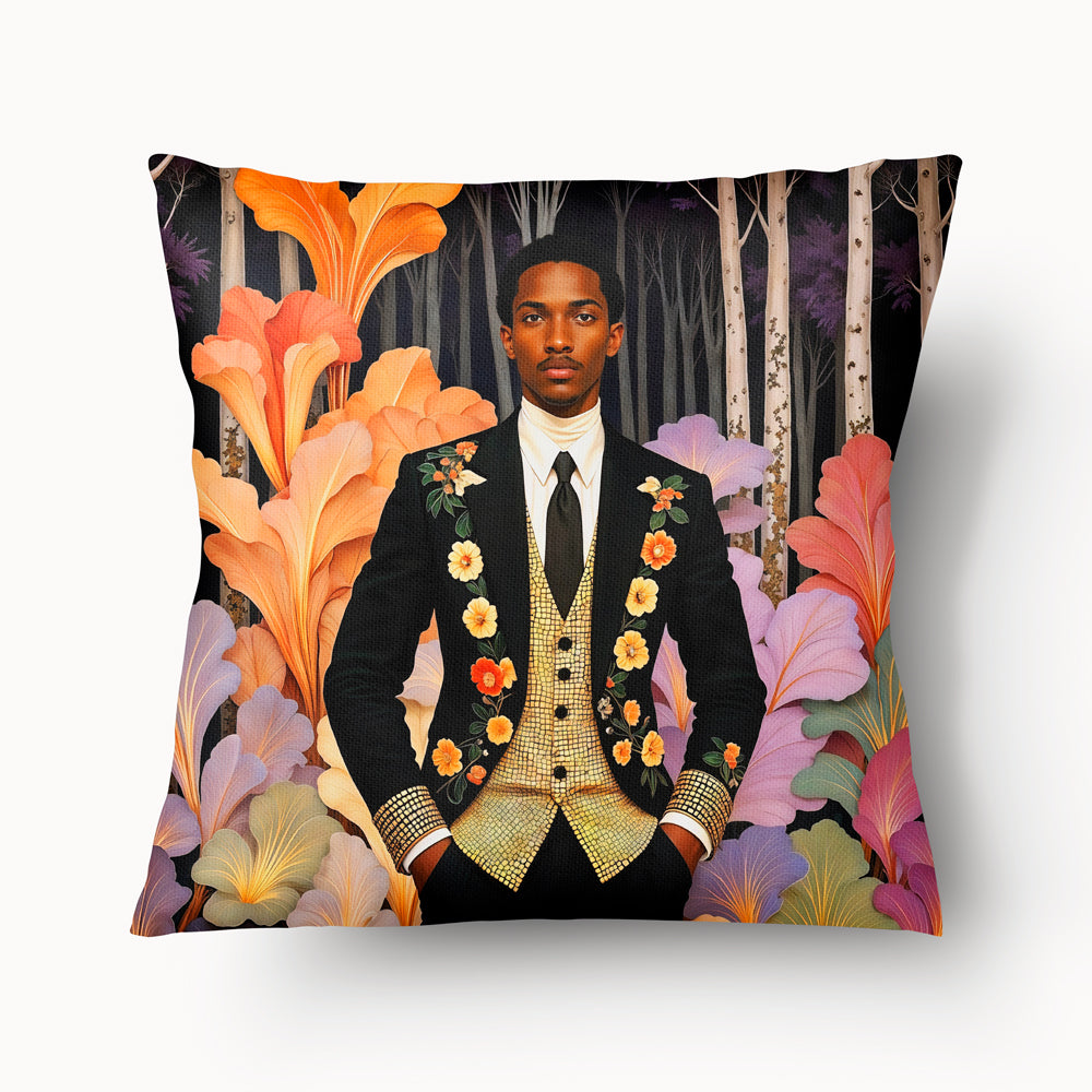 Housse de Coussin AFRIQUE Mzelle Design - Homme africain élégant en costume noir en velours, dans un paysage exotique