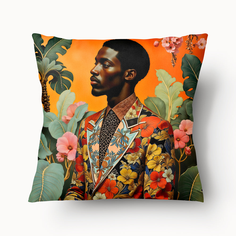 Housse de Coussin AFRIQUE Mzelle Design - Homme africain élégant en costume fleuri dans un paysage exotique