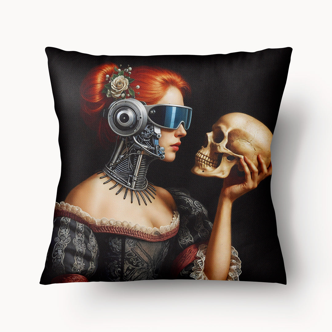 Housse de Coussin VANITÉ - Motif femme cyborg tenant une Tête de Mort Hamlet sur fond noir mzelle design