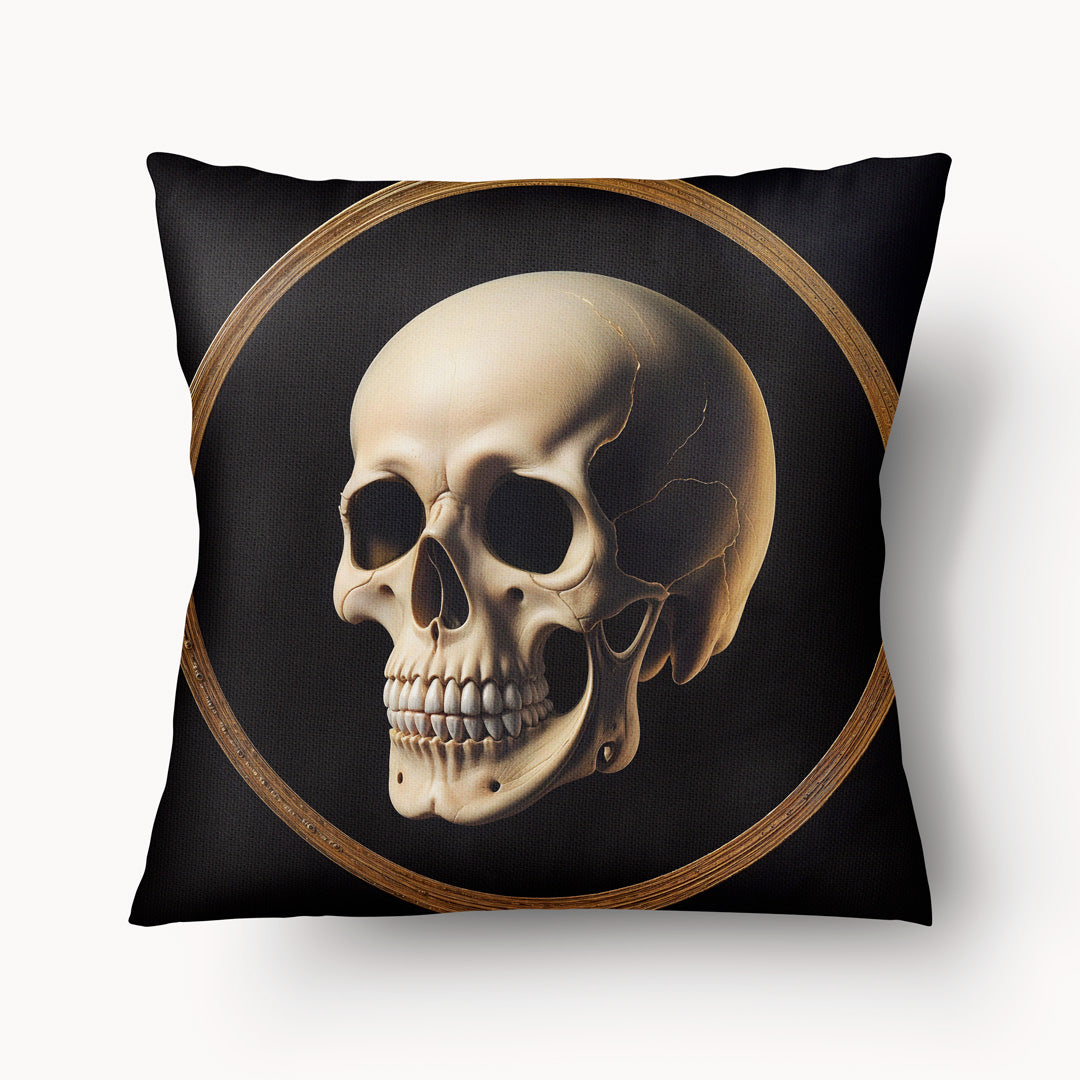 Housse de Coussin VANITÉ - Motif Tête de Mort dorée style Hamlet sur fond noir mzelle design