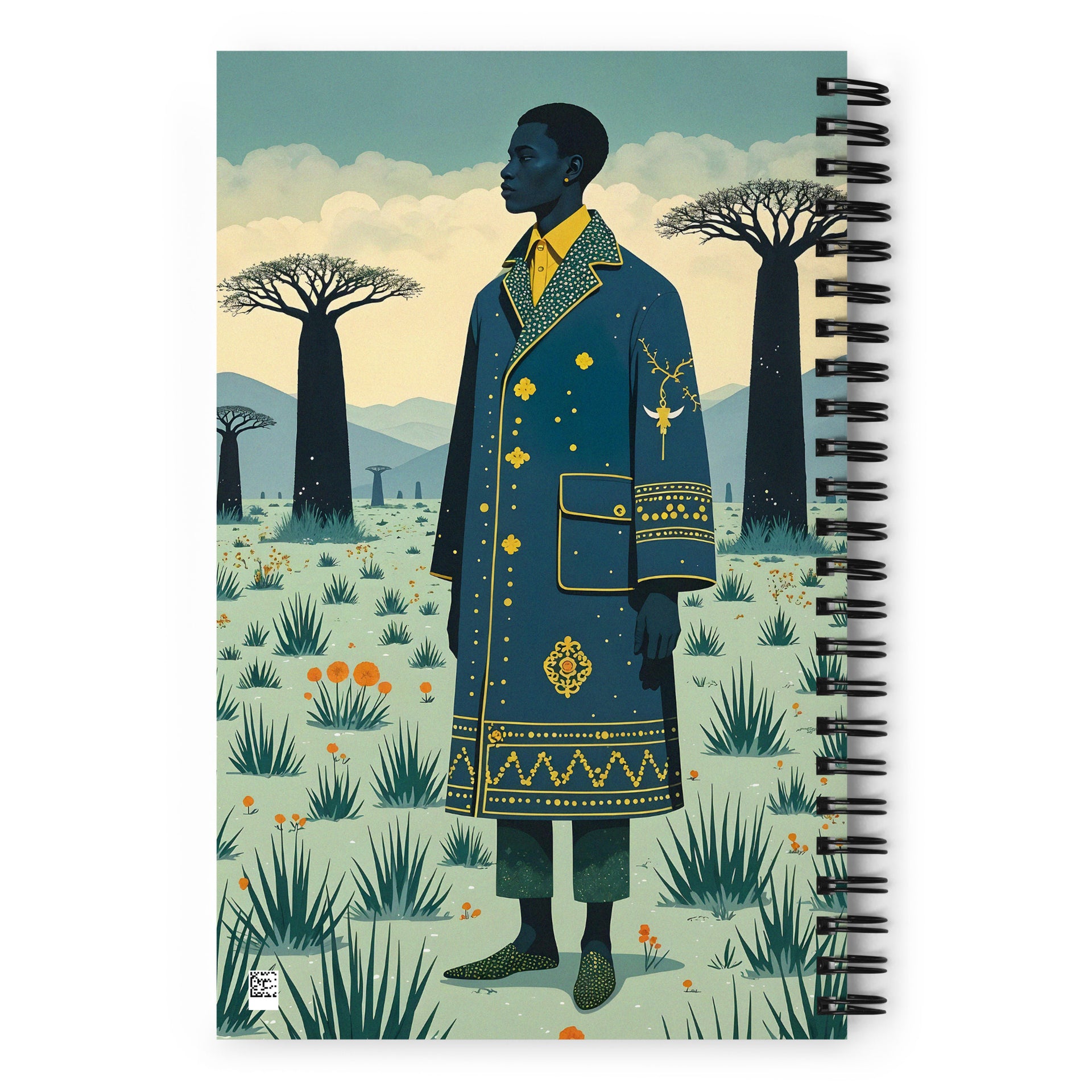Carnet à spirale A5 Mzelle design illustré d'un personnage masculin africain  dans un style féérique et poétique dans un décor hivernal